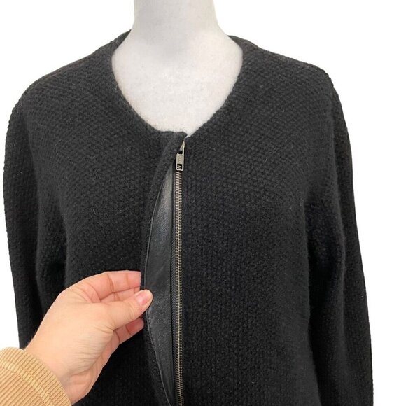 EILEEN FISHER Yak Merino Wool Leather Trim Cardigan Sweater Black Medium Petite - Picture 2 of 8